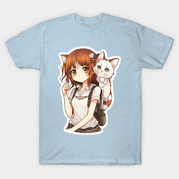 Neko girl with cat anime manga T-Shirt by obstinator